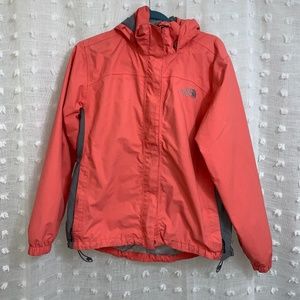 Neon pink Women's North Face Rain Jacket.